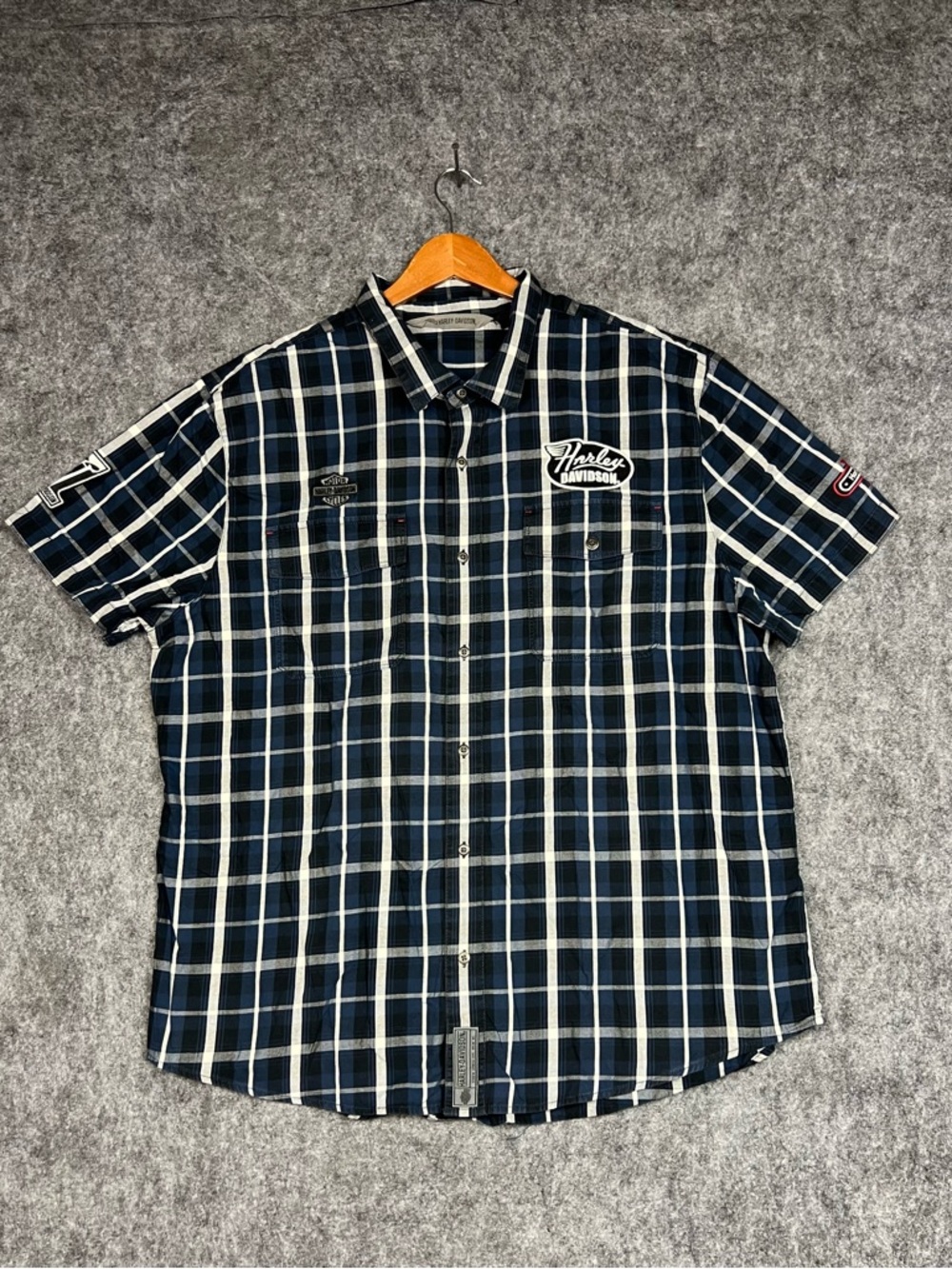 Harley-Davidson Navy and White Plaid Short-Sleeve Button-Up Shirt 2XL